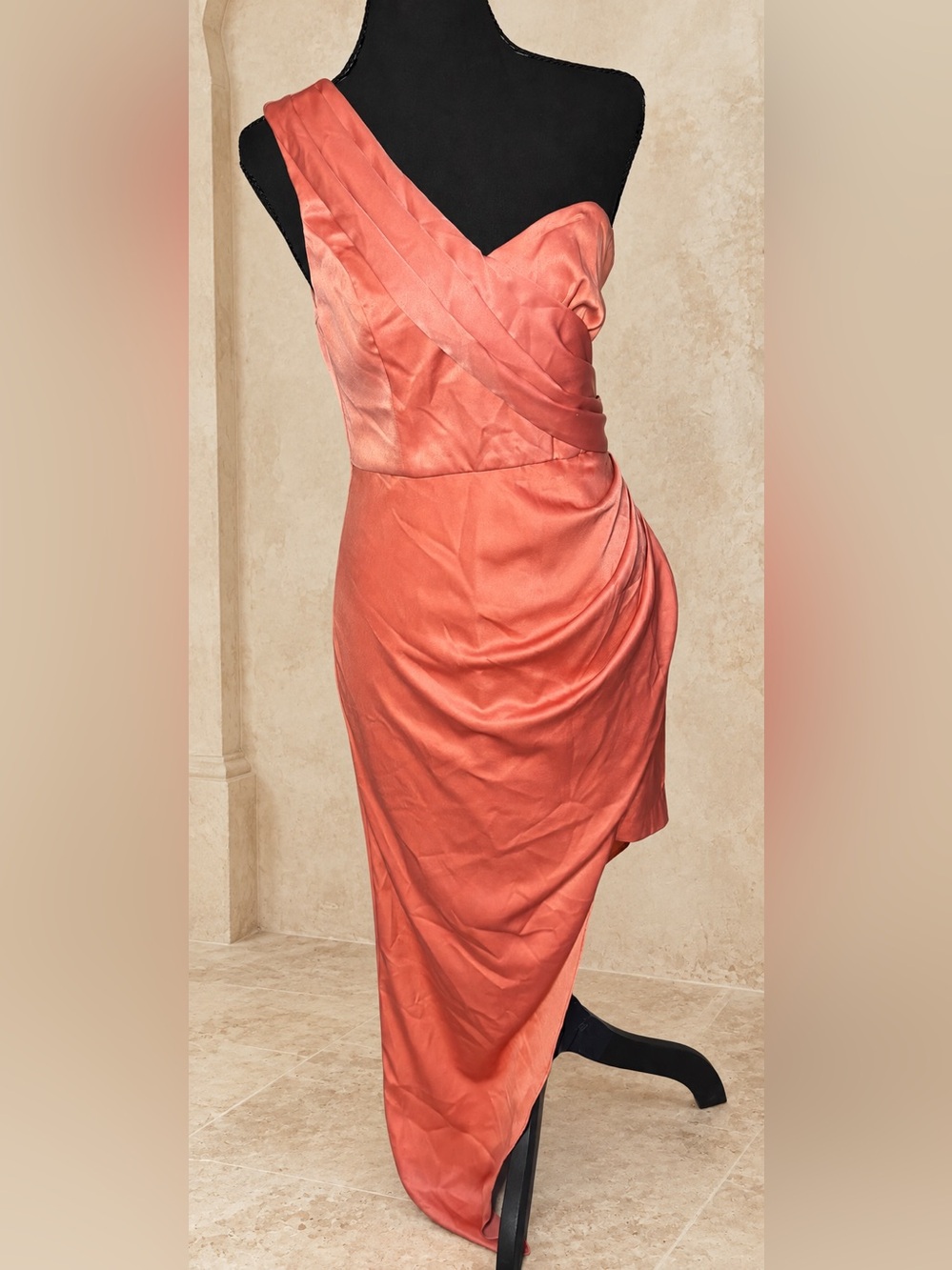 Coral One Shoulder Draped High Low Dress M Wedding Guest Goddesscore